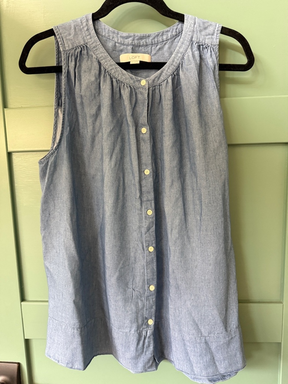 LOFT Light Blue Sleeveless Button-Front Chambray Top